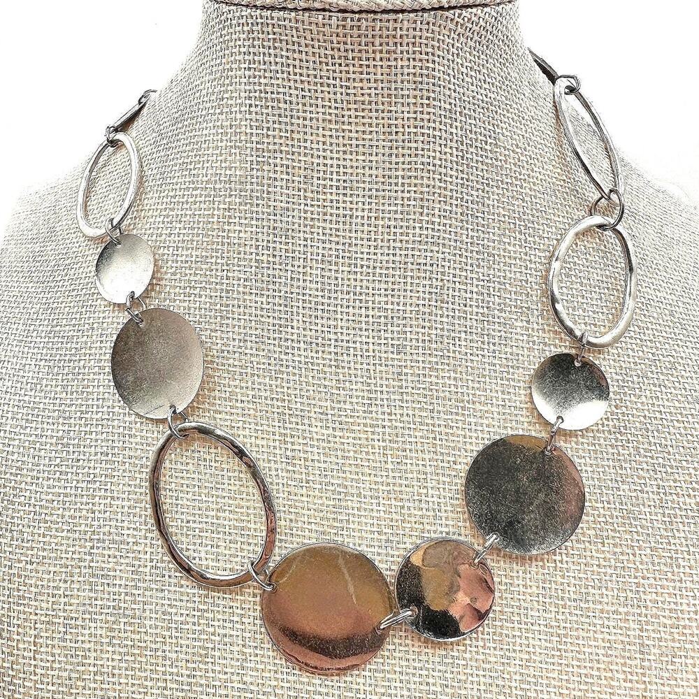 Vintage 90s Silver Tone Disc Oval Link Necklace Statement Women's Jewelry Retro